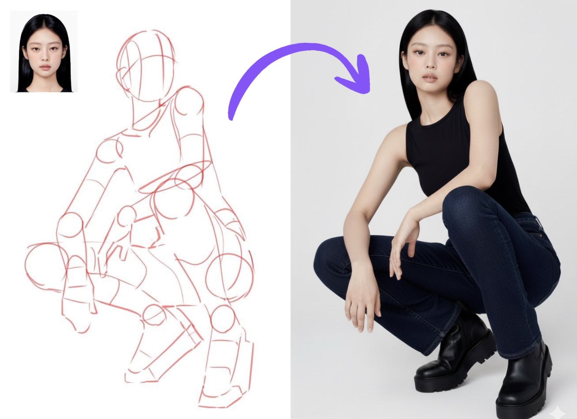 Illustration of designer using AI to generate pose generationss on computer